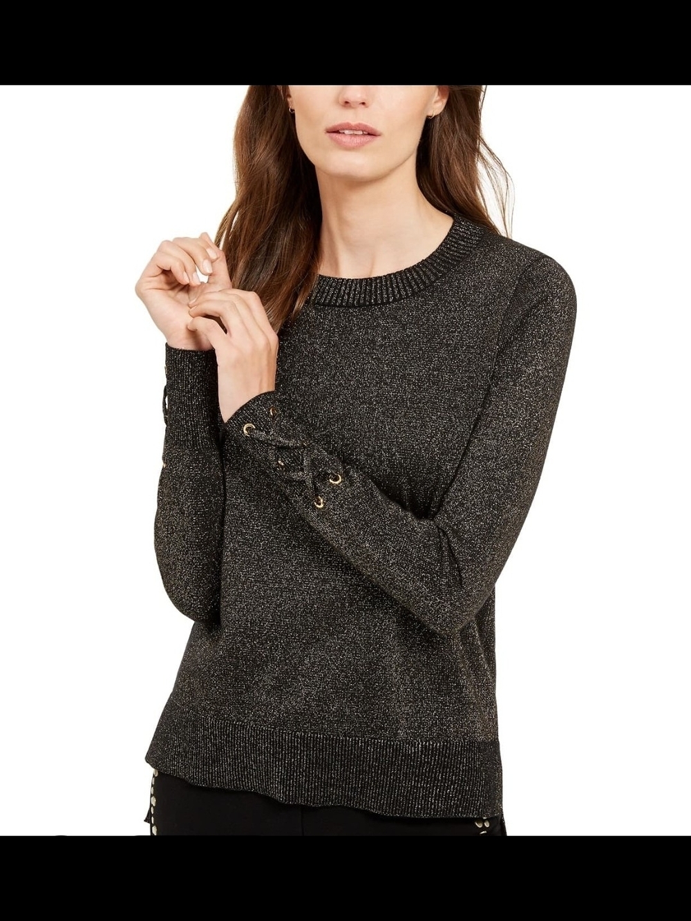 MICHAEL by Michael Kors Women’s Metallic Crewneck Sweater with Lace-Up Sleeve